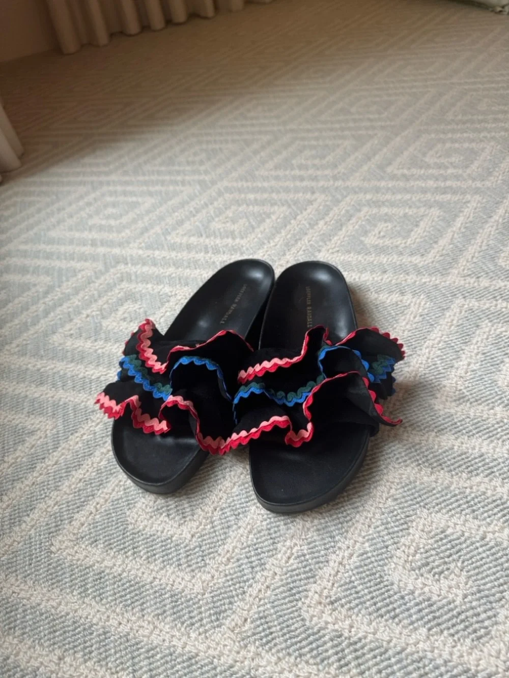 Loeffler Randall Black Slides with Multicolor Ruffle Trim - Picture 5 of 6